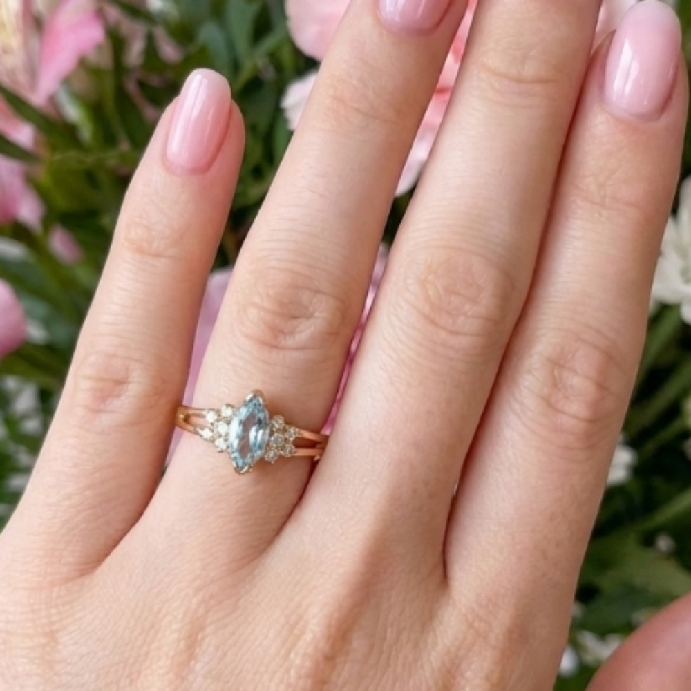 14k HGE Gold Ring w Light Blue Topaz Marquise Gemstone and Side CZ Accents 8.75